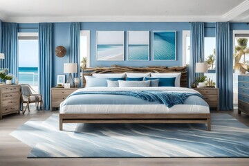 Capture the essence of tranquility in an image featuring a coastal-inspired master bedroom with driftwood accents, nautical elements, and serene blue hues