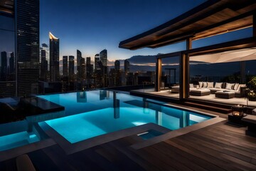Capture the essence of elegance in an image featuring a pool house with a retractable roof, modern lounge chairs, and an infinity pool overlooking city lights