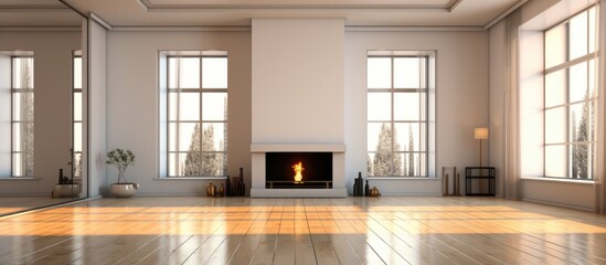 Beautiful open living room with mirrored fireplace and large bright windows. Copy space image. Place for adding text or design - obrazy, fototapety, plakaty