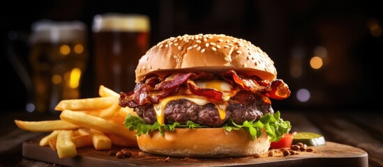 bacon cheeseburger on toasted pretzel bun served with fries and beer shot with selective focus....