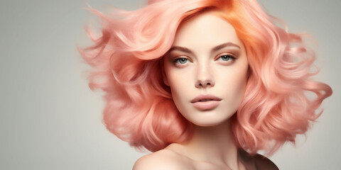 A naked woman staring at the camera with short shoulder length and wild peach fuzz color hair. Color of the 2024 year. White background. Copy space.