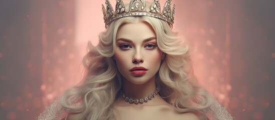 beautiful woman in golden crown playing with pearl necklace. Copy space image. Place for adding text or design
