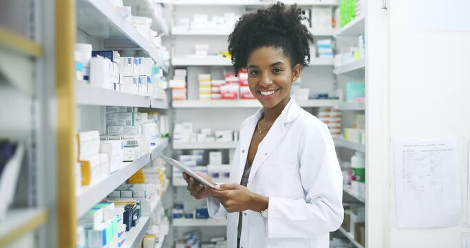 Pharmacy, face and woman pharmacist with tablet for stock, inventory or quality control. Pharma, retail and portrait of doctor with store management app, ecommerce or medicine, info or pills check