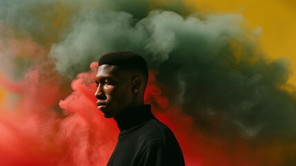 Obraz premium Black History Month. African American History in United States. Red Yellow Green smoke shrouded black man. Freedom holiday. Celebrated annual in February. Poster, design art illustration. Generated AI
