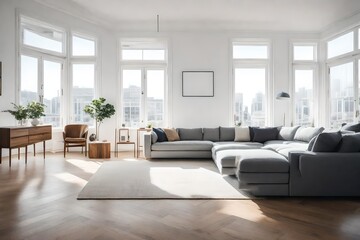 Naklejka na ściany i meble Craft an image of a minimalist living room with a monochromatic color scheme, sleek furniture, and natural light streaming through unadorned windows