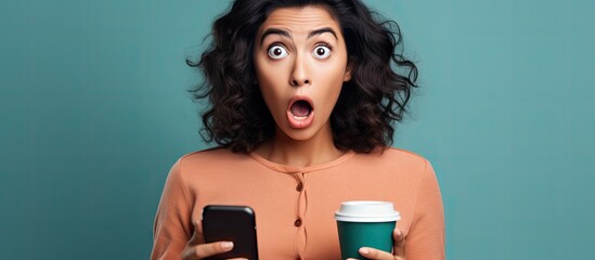 Beautiful hispanic woman using smartphone and drinking a cup of coffee in shock face looking skeptical and sarcastic surprised with open mouth. Copy space image. Place for adding text or design