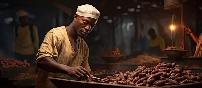 African worker selecting the best Cocao beans for production Cocoa bean for making a Cocoa nibs and hot cocoa and chocolate selective focus. Copy space image. Place for adding text or design