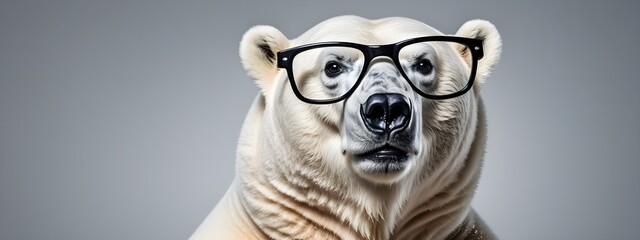 Studio portrait of a polar bear wearing glasses on a simple and colorful background. Creative animal concept, polar bear on a uniform background for design and advertising.