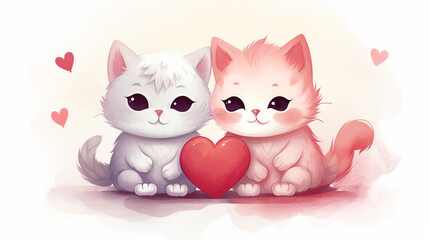 Two cute kittens with heart on neutral background. Valentine's Day.