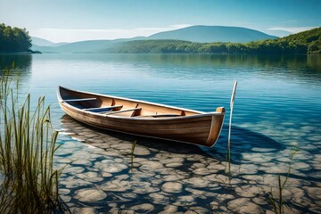 Generate an image portraying a minimalist lakeside scene, with a solitary rowboat resting on the...
