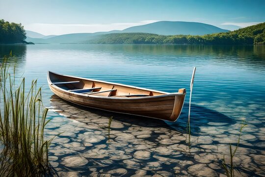 Generate an image portraying a minimalist lakeside scene, with a solitary rowboat resting on the shore against a backdrop of serene, unembellished waters