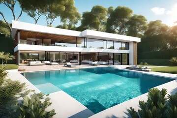 Generate an image showcasing a pool house with a natural design, blending seamlessly with its surroundings and a pool integrated into the landscape