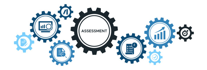 Assessment banner web icon vector illustration for accreditation and evaluation method on business and education with audit, analysis, plan, evaluation, quality, process, results and goal. - obrazy, fototapety, plakaty