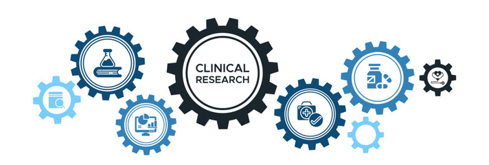 clinical research banner web vector illustration concept pictogram with the icon of analysis evidence clinical study effectiveness medication and health - obrazy, fototapety, plakaty