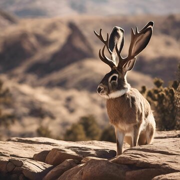 AI generated illustration of a jackalope in the American West surrounded by majestic mountains