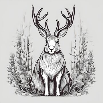 AI generated illustration of a majestic white-tailed jackalope standing tall in a lush meadow