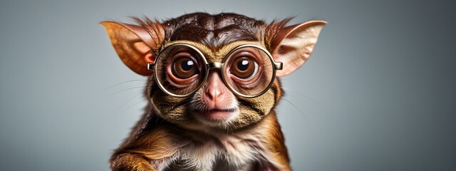 Studio portrait of a tarsier wearing glasses on a simple and colorful background. Creative animal concept, tarsier on a uniform background for design and advertising.