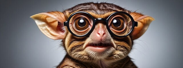 Studio portrait of a tarsier wearing glasses on a simple and colorful background. Creative animal concept, tarsier on a uniform background for design and advertising.