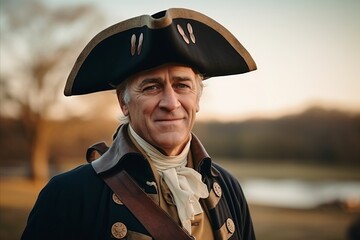 Portrait of a senior man in pirate costume at sunset. Selective focus.