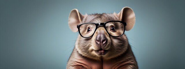 Studio portrait of a wombat wearing glasses on a simple and colorful background. Creative animal concept, wombat on a uniform background for design and advertising.