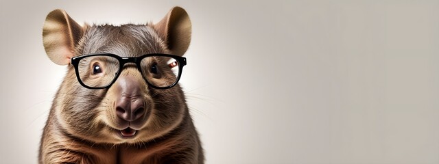 Studio portrait of a wombat wearing glasses on a simple and colorful background. Creative animal concept, wombat on a uniform background for design and advertising.