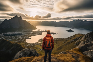 Shot of young man hiker stands on top of mountain after long difficult hike in Norway daylight - obrazy, fototapety, plakaty