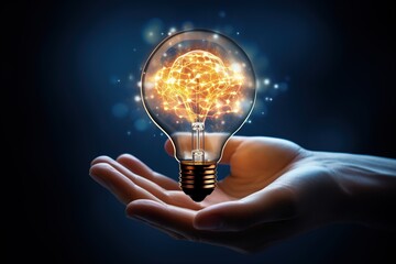 New shiny smart idea or brainstorming concept with hand holding shining lightbulb with glowing brain inside