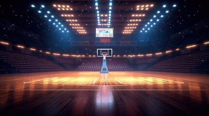 Basketball court with lighting. 3d rendering.