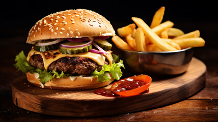 tasty burger with french fries