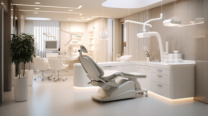 modern dental clinic interior with dentist 's chair - obrazy, fototapety, plakaty