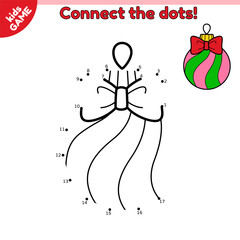 Dot to dot kids game. Striped Christmas decoration ball. Connect the dots by numbers and draw cartoon New Year tree toy with bow knot. Educational puzzle for children. Holiday vector illustration.