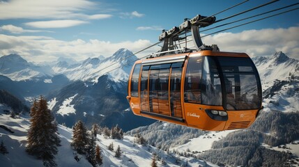 a snow covered ski slope with big cabin ski lift gondola in the background - obrazy, fototapety, plakaty