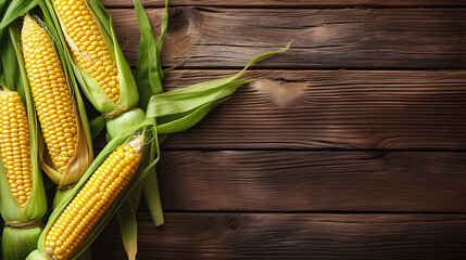 Fresh corn on cobs on wooden table, top view. With copy space.