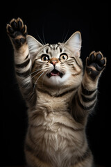 Studio portrait of tabby cat standing on back two legs with paws up against black isolated background.
