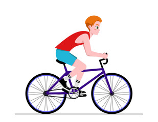 Fototapeta premium Person riding bicycle. Young smiling character in sportswear pedals and cycling on bike. Outdoor activity and healthy lifestyle. Cartoon flat vector illustration isolated on white background