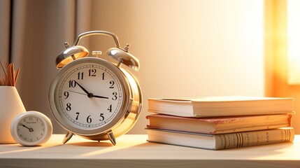 Gold alarm clock and book on table - obrazy, fototapety, plakaty