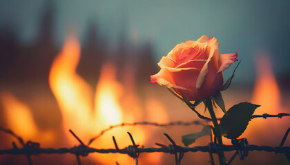 rose wrapped in barbed wire fence and the fire burning behind - obrazy, fototapety, plakaty