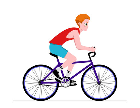 Person riding bicycle. Young smiling character in sportswear pedals and cycling on bike. Outdoor activity and healthy lifestyle. Cartoon flat vector illustration isolated on white background
