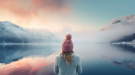 Amazing sunset landscape of mountains and lake. Woman in winter clothes enjoying the view. combination of warm and cold tones. - obrazy, fototapety, plakaty
