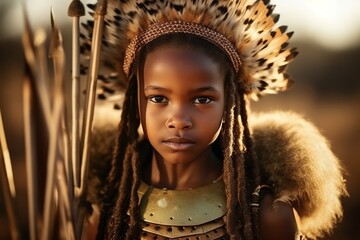 Portrait of a beautiful African American woman in native clothing and headdress - obrazy, fototapety, plakaty