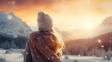Amazing sunset landscape of mountains and lake. Woman in winter clothes enjoying the view. combination of warm and cold tones. - obrazy, fototapety, plakaty