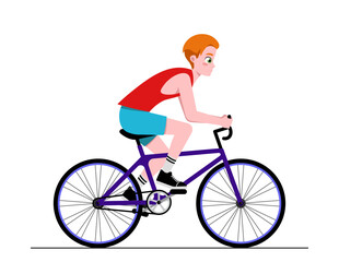 Fototapeta premium Person riding bicycle. Activity, healthy lifestyle and outdoor workout. Boy in sportswear cycling on bike. Design for animation. Cartoon flat vector illustration isolated on white background