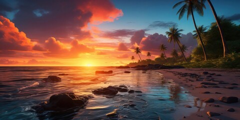 Fototapeta na wymiar Tranquil Sunset Over a Tropical Beach Generative AI