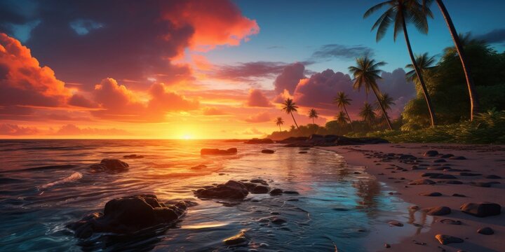 Tranquil Sunset Over a Tropical Beach Generative AI © j@supervideoshop.com