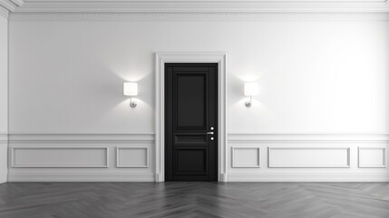 Stylish black front door of modern house with white walls. 3d rendering