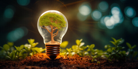 a light bulb with a tree inside in the middle of the forest. Love for nature. environmental respect - obrazy, fototapety, plakaty