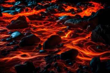 Intense red and orange bioluminescent stones arranged in a dynamic flow mimic the movement of molten lava, creating a fiery and dramatic background.