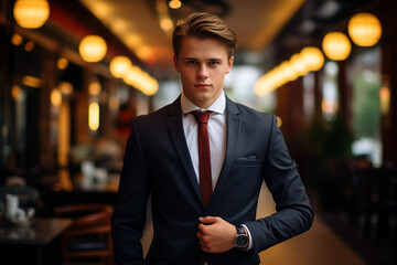 Fototapeta premium attractive young business man in jacket looks firmly at camera in the middle of the office