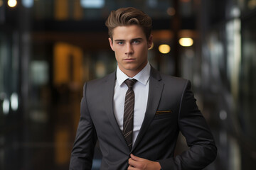 attractive young business man in jacket looks firmly at camera in the middle of the office