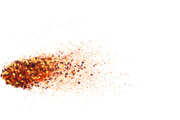  dry organic kashmiri red chili pepper flakes powder burst texture on cutout transparent background,png format,selective focus,top view,text copy space